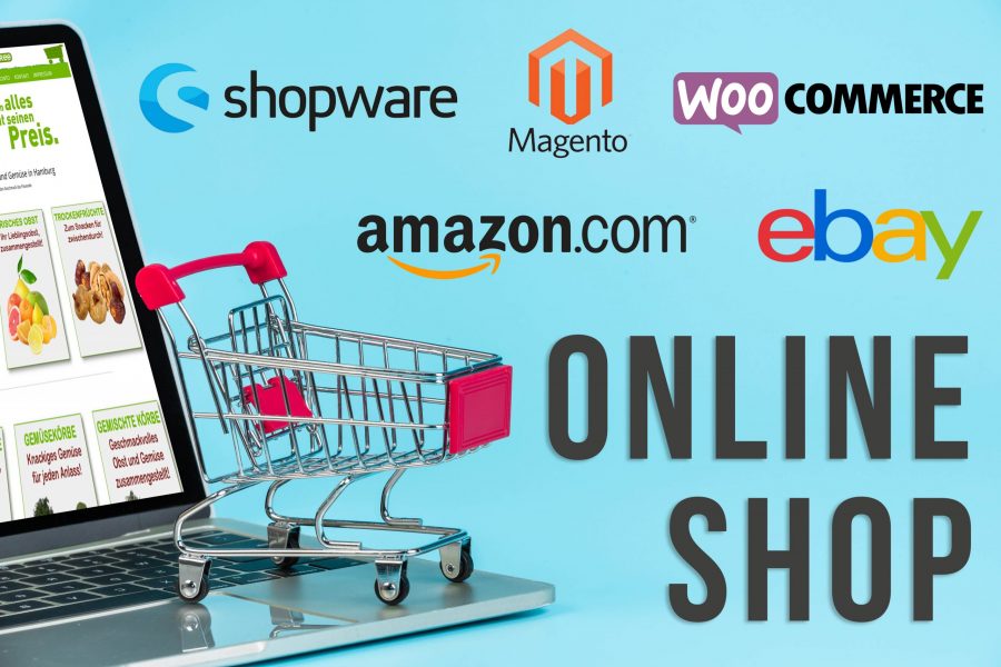 Online shopping concept, a shopping cart placed alongside a notebook on a blue background.